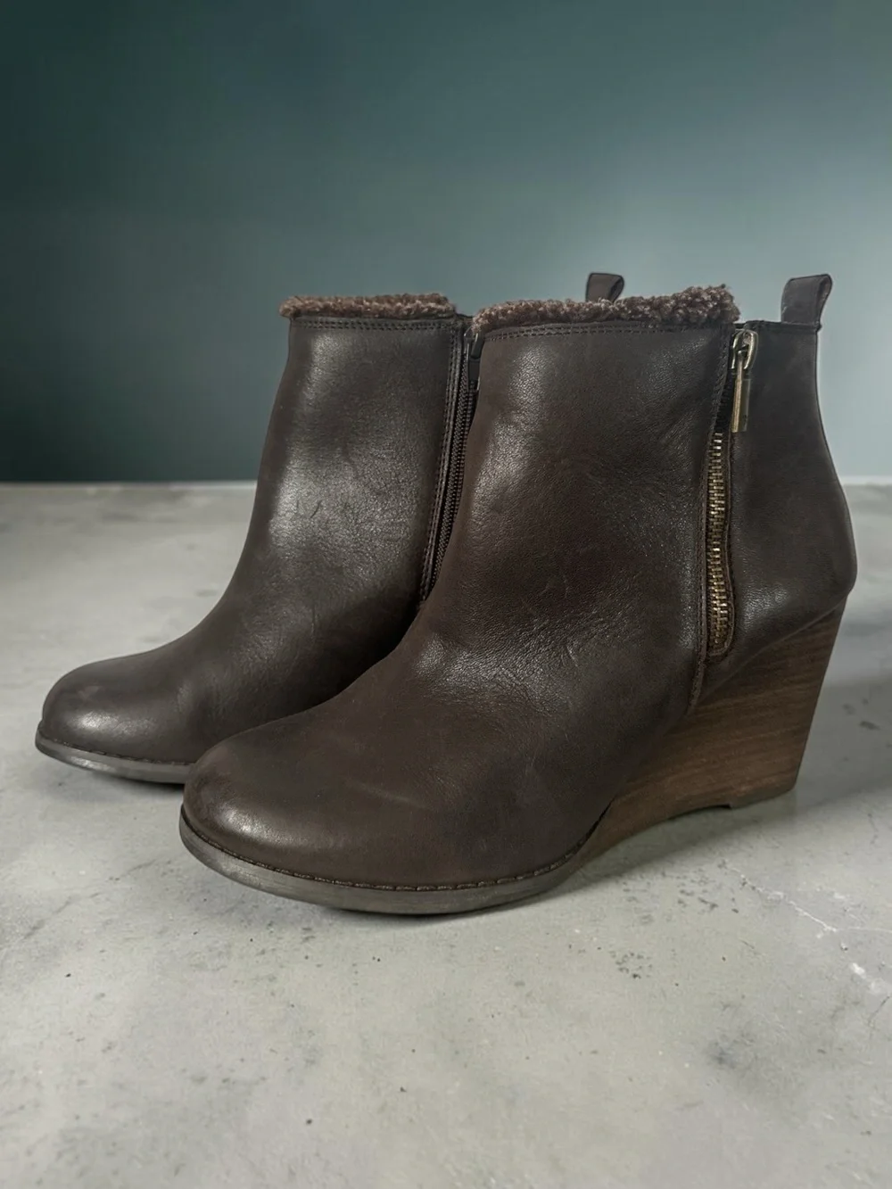 Lucky Brand Leather Faux Fur Wedge Ankle Boots